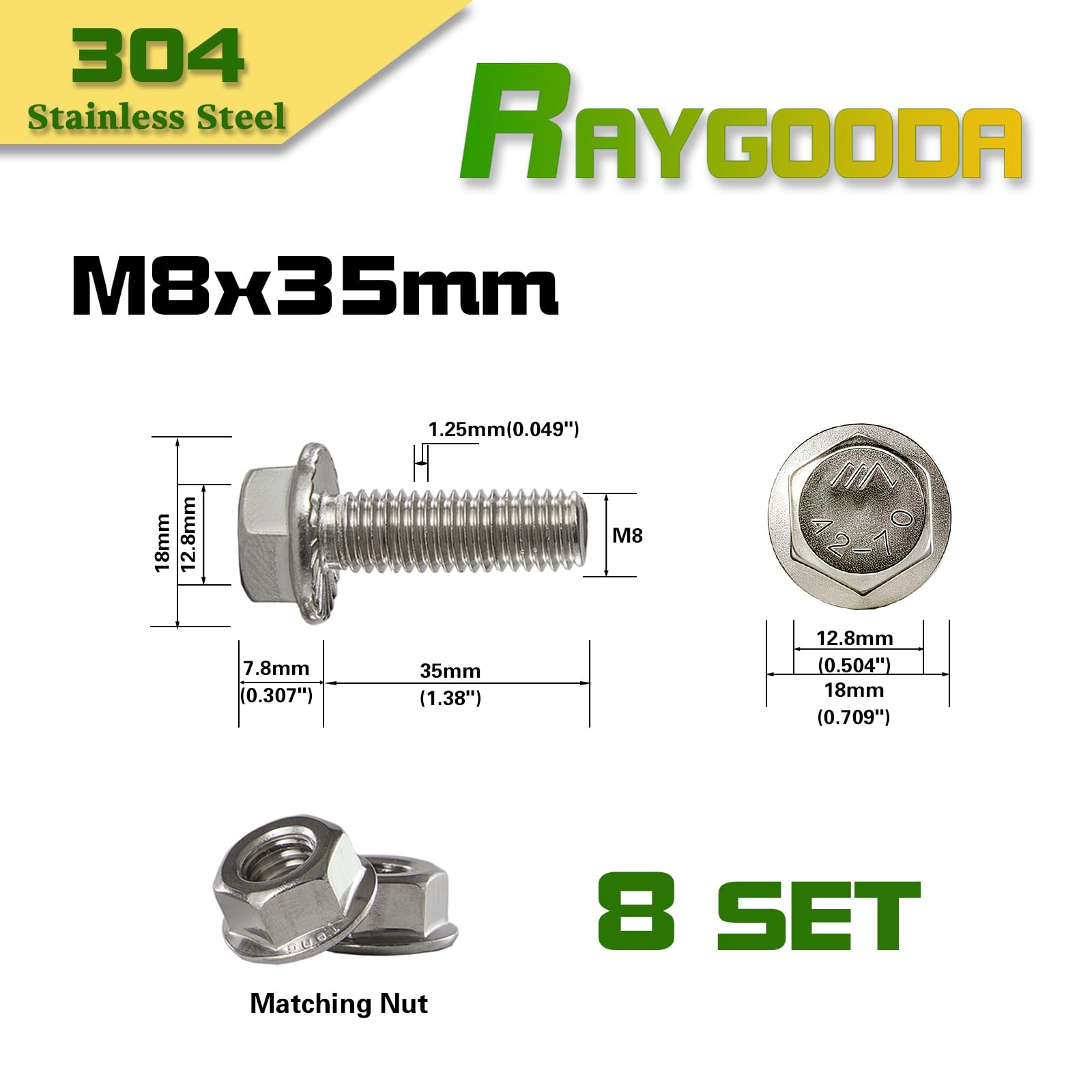 Set di bulloni e dadi a flangia M8 – 1,25 x 35 mm (set da 8), acciaio inox 304 A2-70, flangia dentata autobloccante, resistente alle vibrazioni, filettatura completa – Costruzione