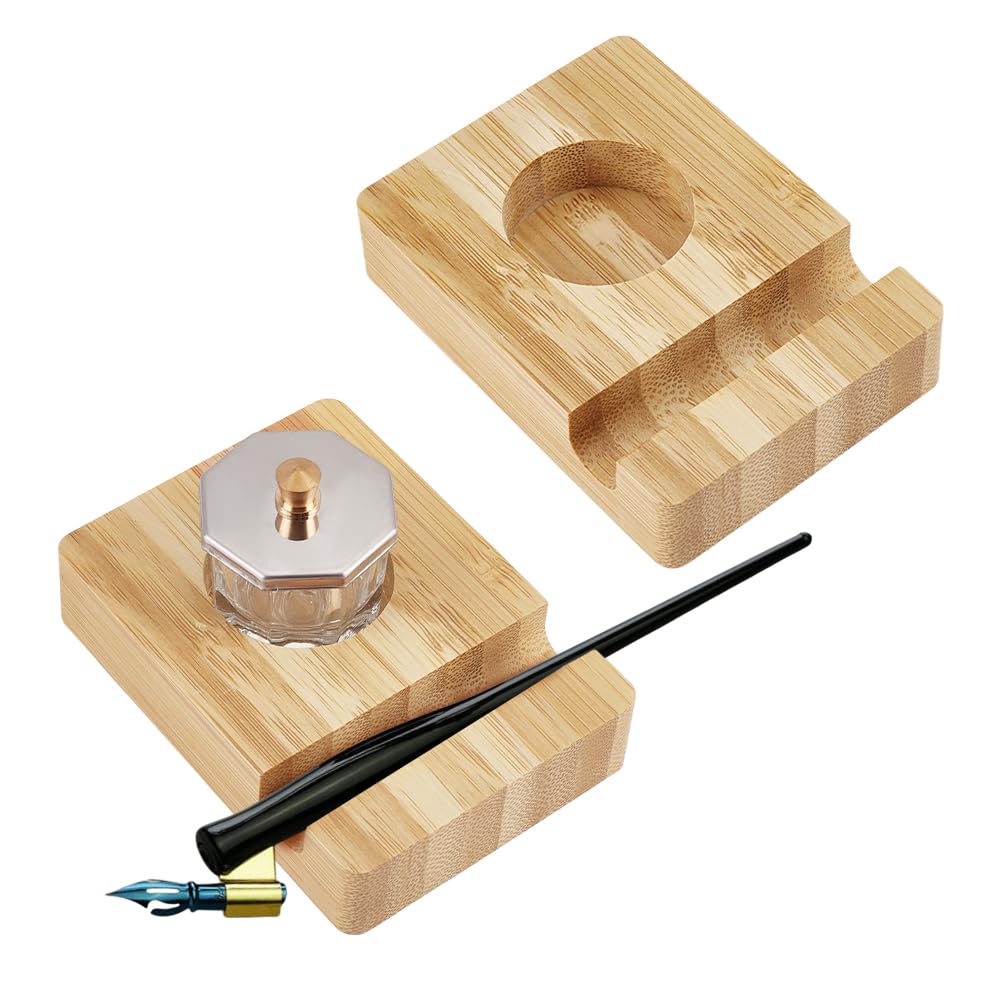 BENECREAT 2Sets Wood Ink Bottle Holder, Desktop Pen Holder with 8ml Ink Bottle Container for Liquid Storage, Painting and Calligraphy Enthusiasts, Slot: 12.5mm