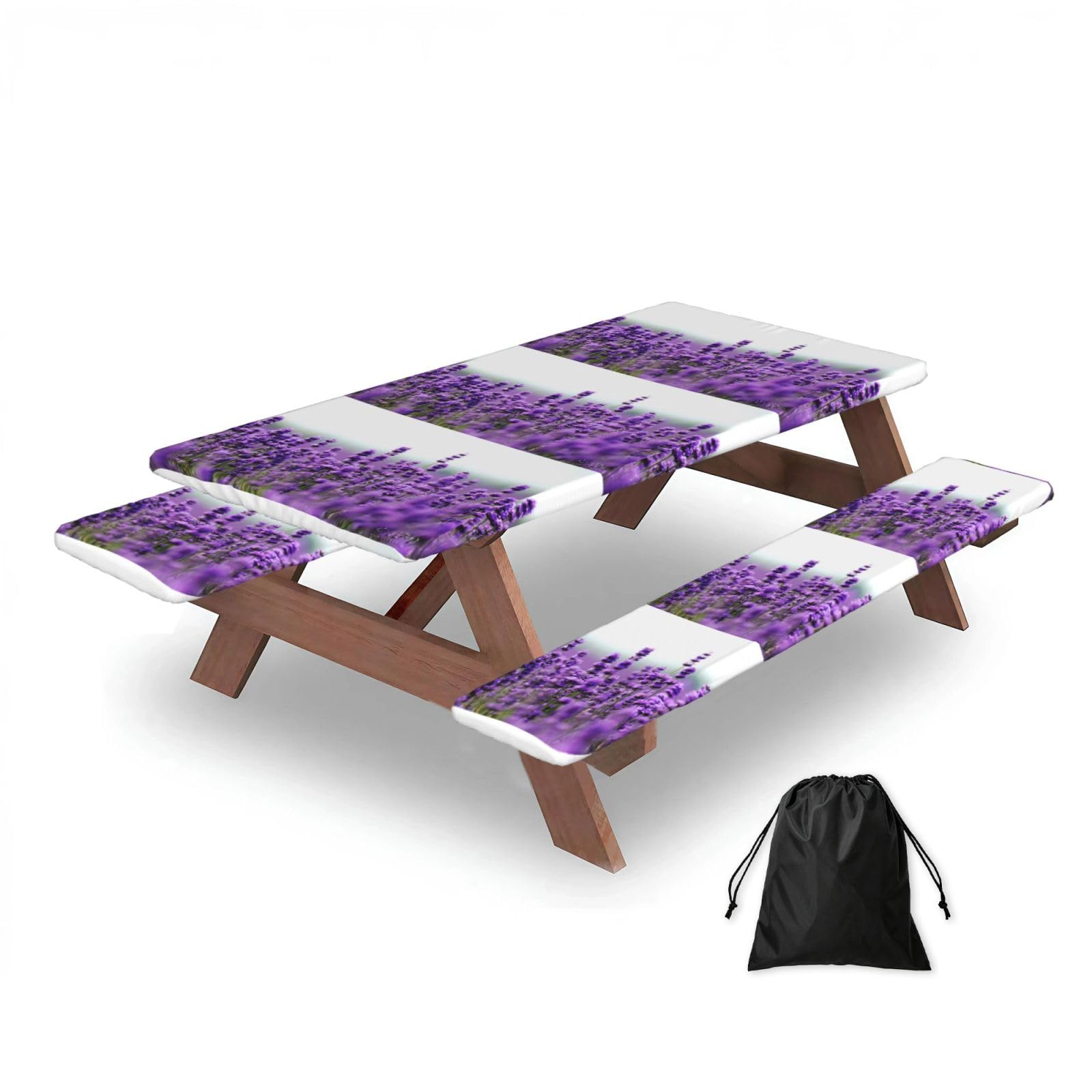 Purple Lavender, Picnic Table Cover With Bench Covers -Waterproof Elastic Fitted Tablecloth for Garden Camping Patio 76x152cm