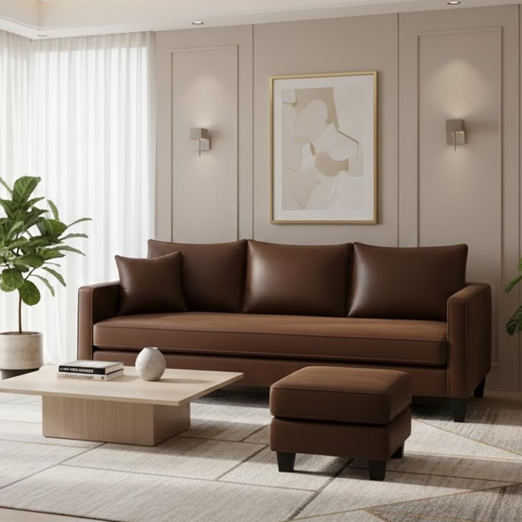 FURNY Conva 4 Seater L Shape Sofa Set with Movable Ottoman | Flexible Left or Right Layout | Premium Leatherette Upholstery (Dark Brown) | Perfect for Living Room, Guest Room & Office