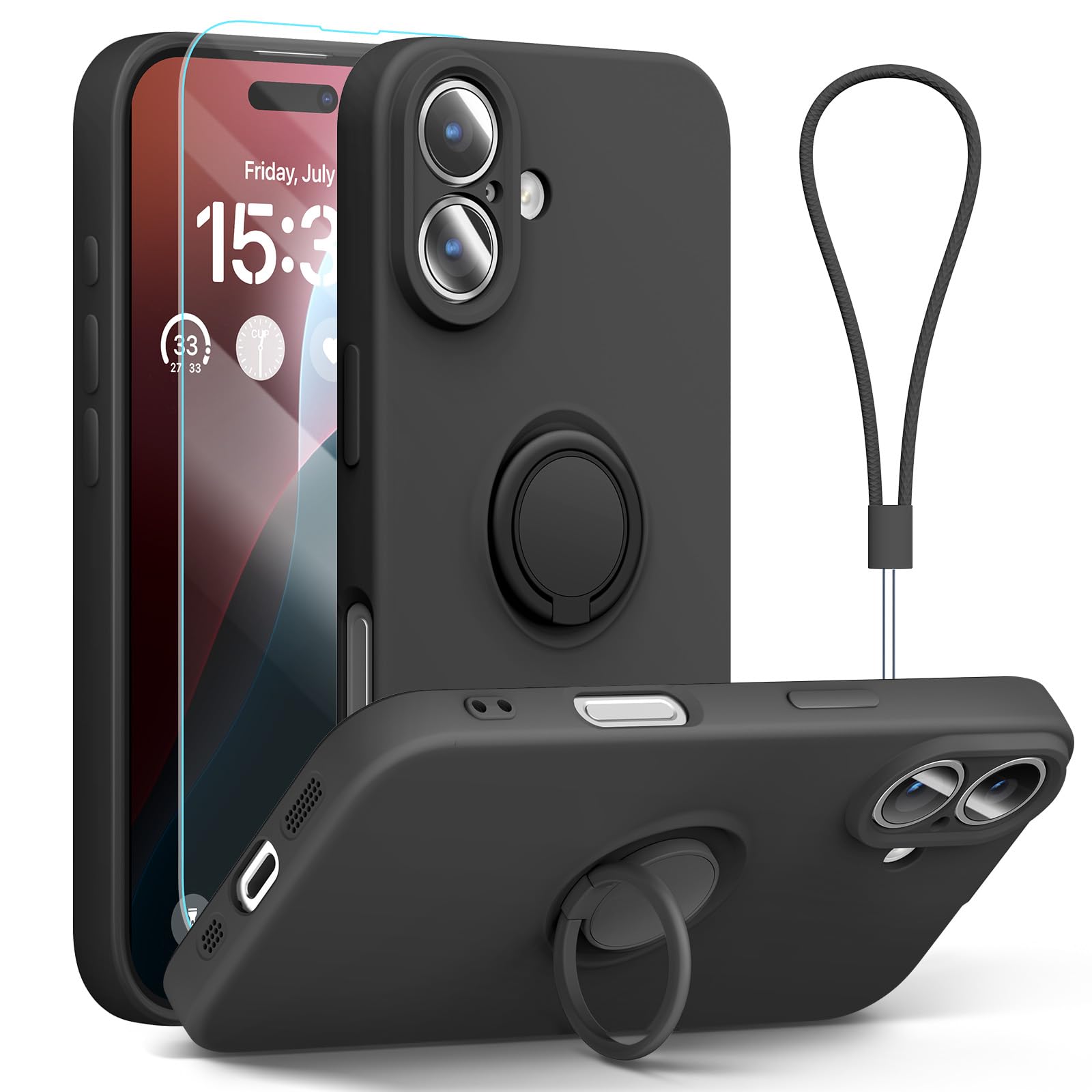 ABITKU for iPhone 16 Plus Case with Ring Stand, Liquid Silicone Slim Design Support Magnetic Car Mount (with Wrist Strap Lanyard) Phone Cover for