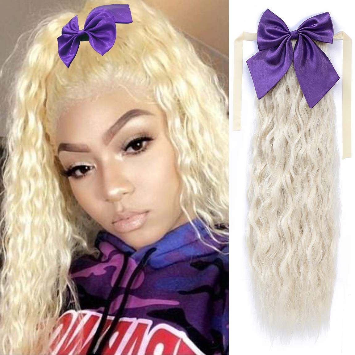 Long Corn Wave Drawstring Ponytail Extensions with Bowknot Tie Up Ponytail Clip in Hair Extensions Hairpiece Binding Synthetic Fibre Hair for Girl Lady Woman(20inch, 613# with Purple Bow)