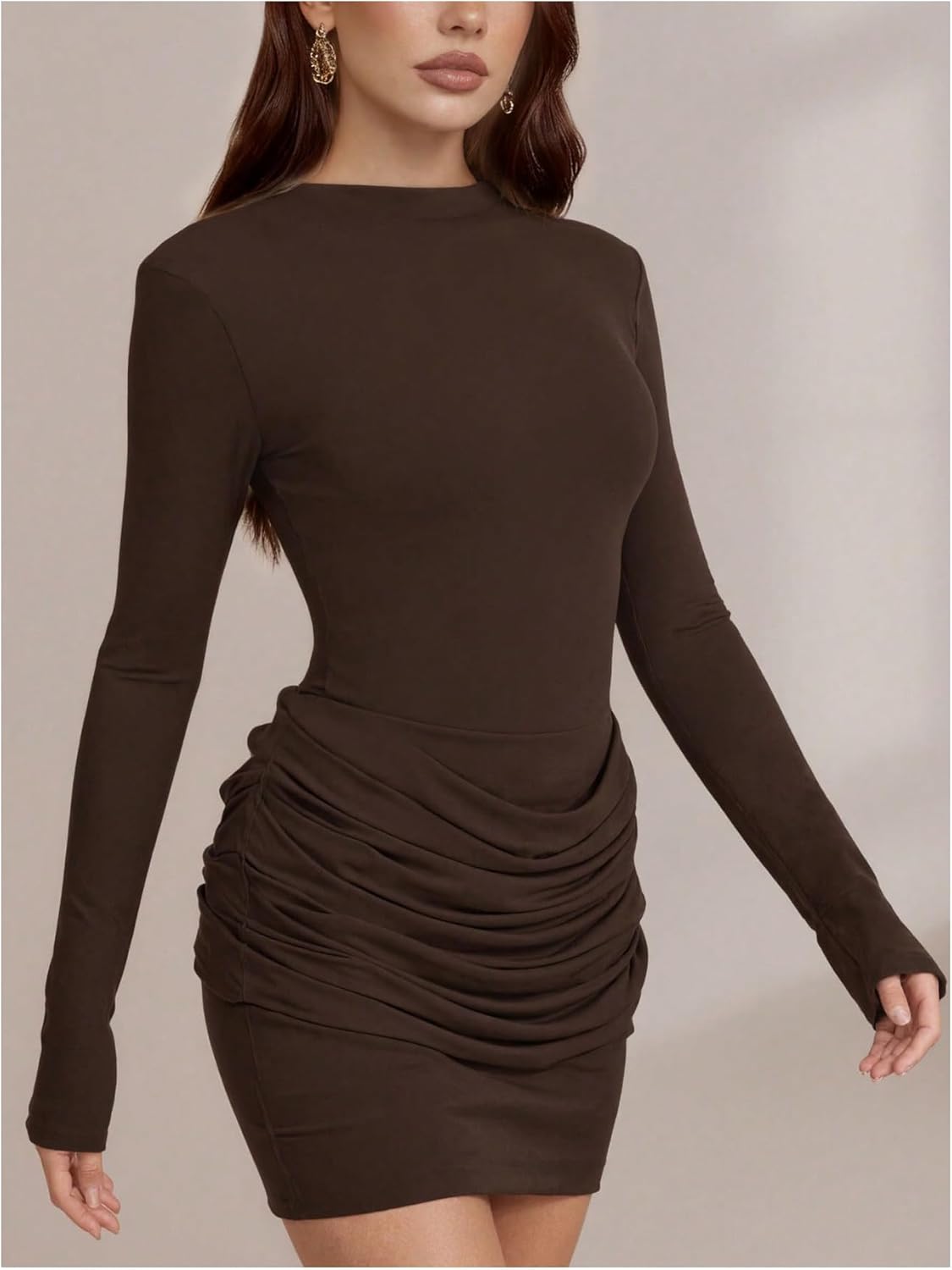 GORGLITTER Women's Ruched Bodycon Mini Dresses Formal Long Sleeve Crew Neck Birthday Party Cocktail Night Out Dress - Image 4