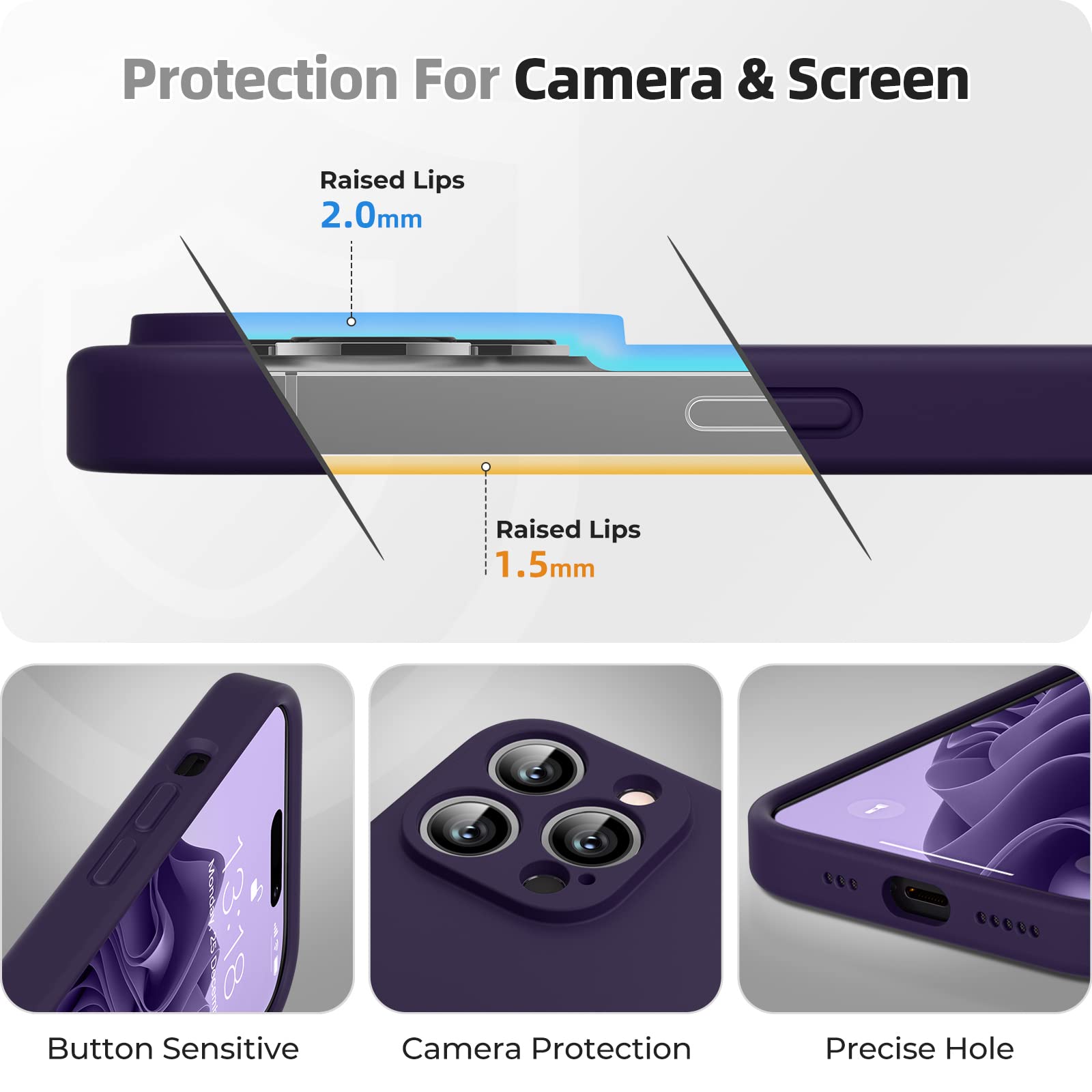 GOODVISH 3 in 1 Cover per iPhone 14 Pro Silicone 6,1" (2022), con 2 Pezzi di Pellicola Protettiva, iPhone 14 Pro Custodia per Cellulare Antiurto Resistente Protezione Fotocamera, Viola Scuro