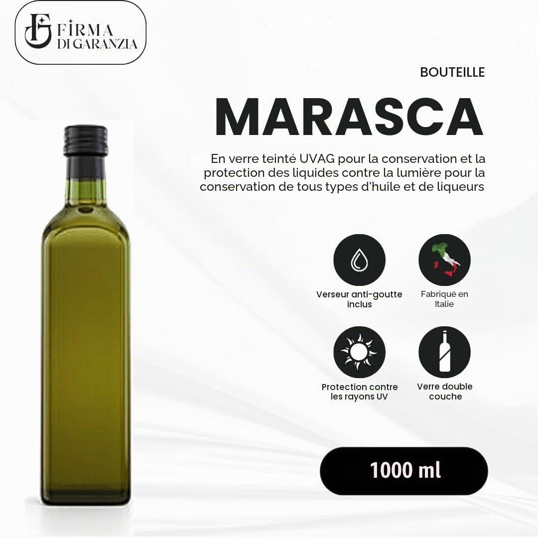 12 Bouteilles pour Huile et Liqueur 1000 ml - Marasca Carrées Vides en Verre Foncé Uvag avec Doseur Huile Anti-Goutte et Bouchon Hermétique - Fabriqué en Italie - Usage Professionnel et Domestique