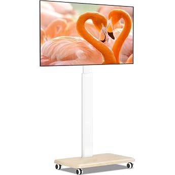 TVON White TV Stand with Wheels for 32-65 Inch TVs Wooden TV Stand Mobile TV Stand Rollable Height-Adjustable Swivelling TV Floor Stand with Wooden Base up to 40 kg Max. VESA 400 x 400 mm