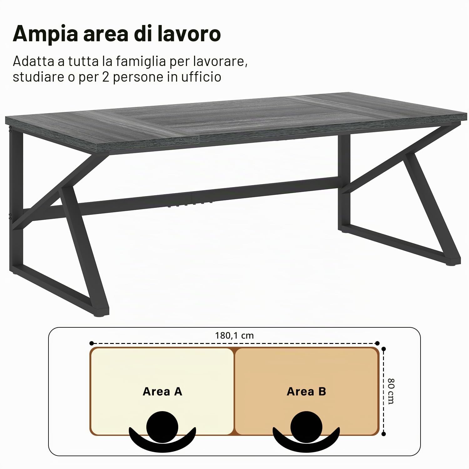 HSH Scrivania Computer 2 Persone Metallo Grande Lungo 180Cm Rovere Scuro