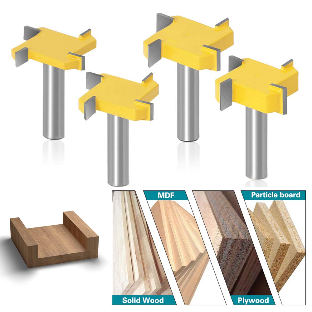 Yakamoz Lot de 4 fraises à rainurer avec tige de 1,27 cm à 4 ailes pour rainurage de surface de spoilboard