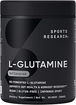 Sports Research L-Glutamine Powder 5g, Unflavored 10.58oz | Fermented L-Glutamine | Workout Recovery & Gut Health Support | Informed Sport, Vegan, Gluten-Free - 60 Servings