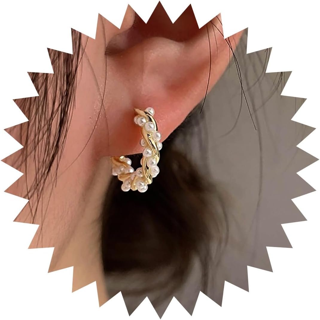 Pearl Hoop Earrings Gold Pearl Huggie Hoop Earrings Boho Pearl Twist Hoop Earrings Vintage Pearl Bridal Earrings Wedding Pearl Earrings Jewelry for Women