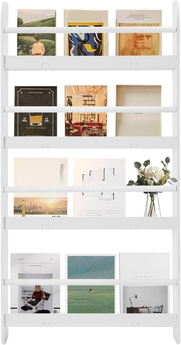 Wall Mounted Magazine Rack, 4-Tier Brochure Display Stand Book Poster Literature Storage Organizer Holder for Exhibition Office Reception Areas, W22.4*D4.7*H43.9in (White)