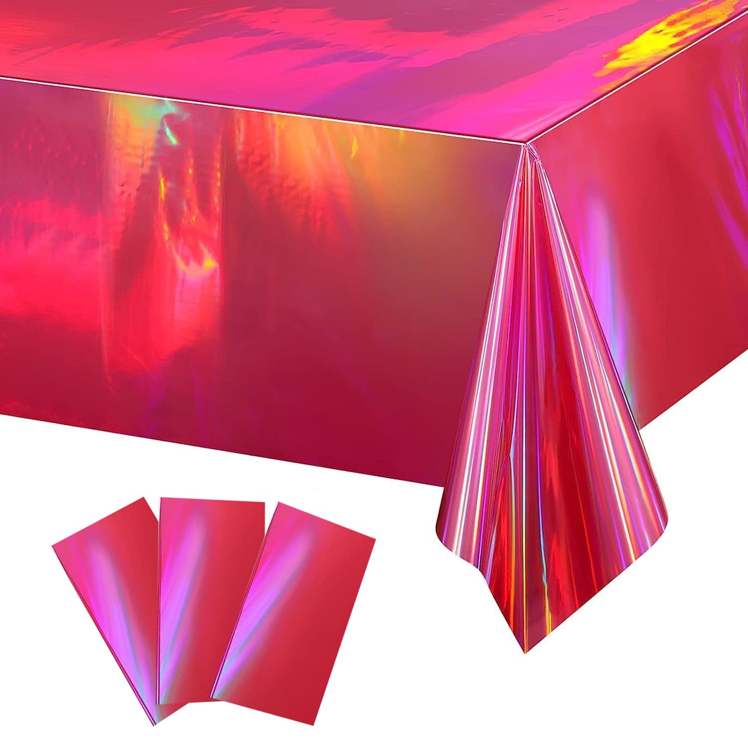 Anllecr 3 Pack Pink Holographic Tablecloth Laser Iridescence Hot Pink Shiny Table Covers Rectangle Holographic Foil Table Cover Party Decoration Birthday Bridal Wedding Disco Party 54" x 108"