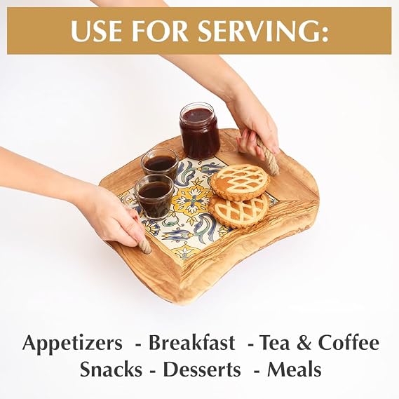 Kamsah Olive Wood Serving Tray with Handles (L:10, W:10) Decorative Square Serving Trays for Serving Food, Drinks, Tea, Coffee - Rustic Vintage Wooden Serving Tray for Table & Gifts - Arabesque
