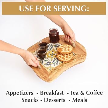 Kamsah Olive Wood Serving Tray with Handles (L:10, W:10) Decorative Square Serving Trays for Serving Food, Drinks, Tea, Coffee - Rustic Vintage Wooden Serving Tray for Table & Gifts - Arabesque