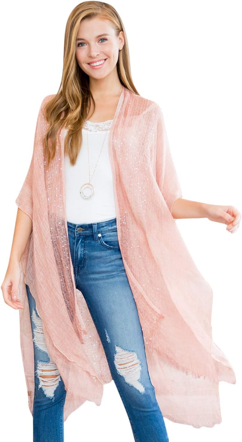 Bohemian Sequin Glitter Shawl Wrap Poncho - Kimono Cardigan, Sparkly Metallic Mesh Scarf, Open Knit Crochet