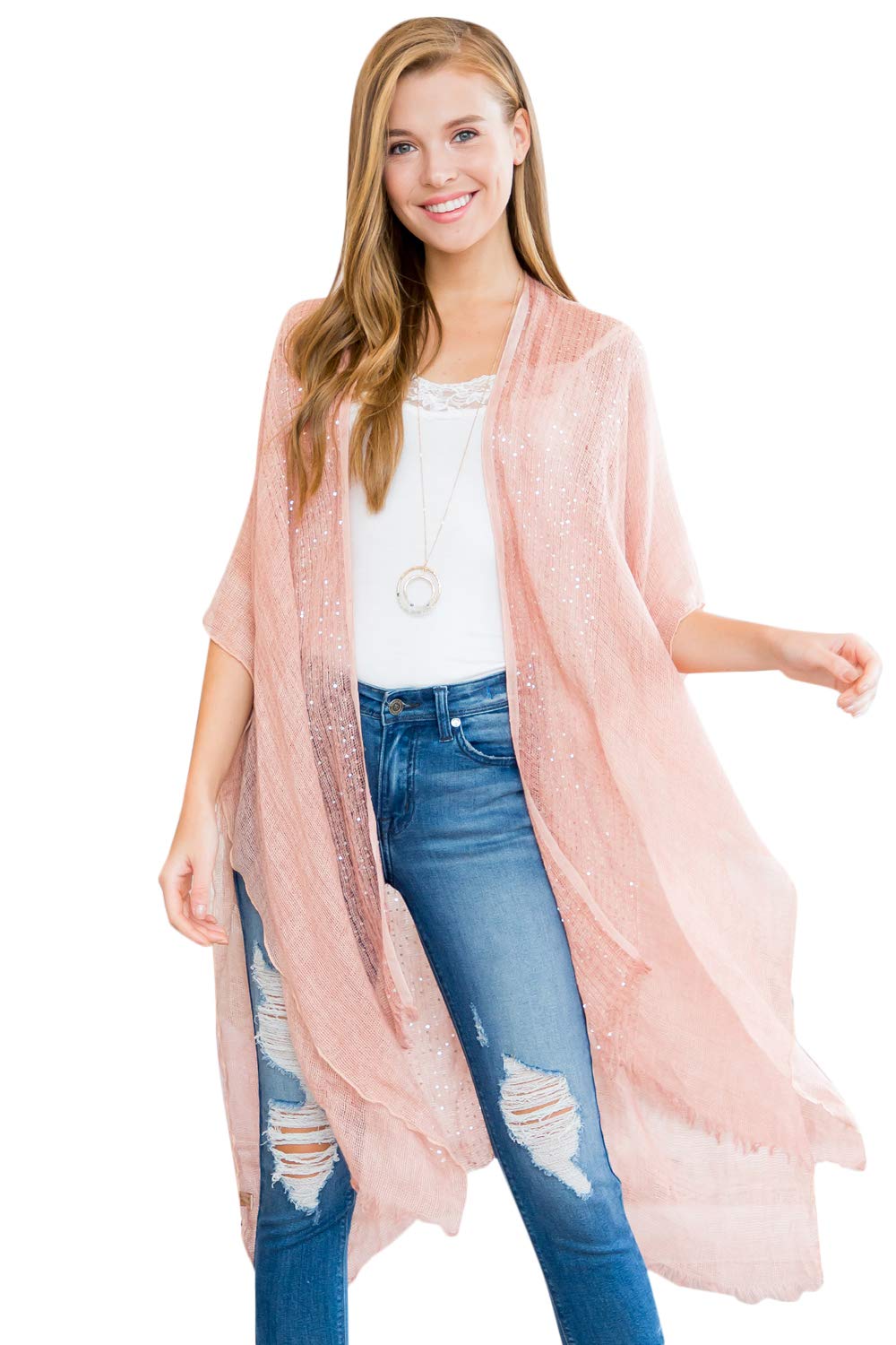RIAH FASHIONRIAH FASHION Bohemian Sequin Glitter Shawl Wrap Poncho - Kimono Cardigan, Sparkly Metallic Mesh Scarf, Open Knit Crochet
