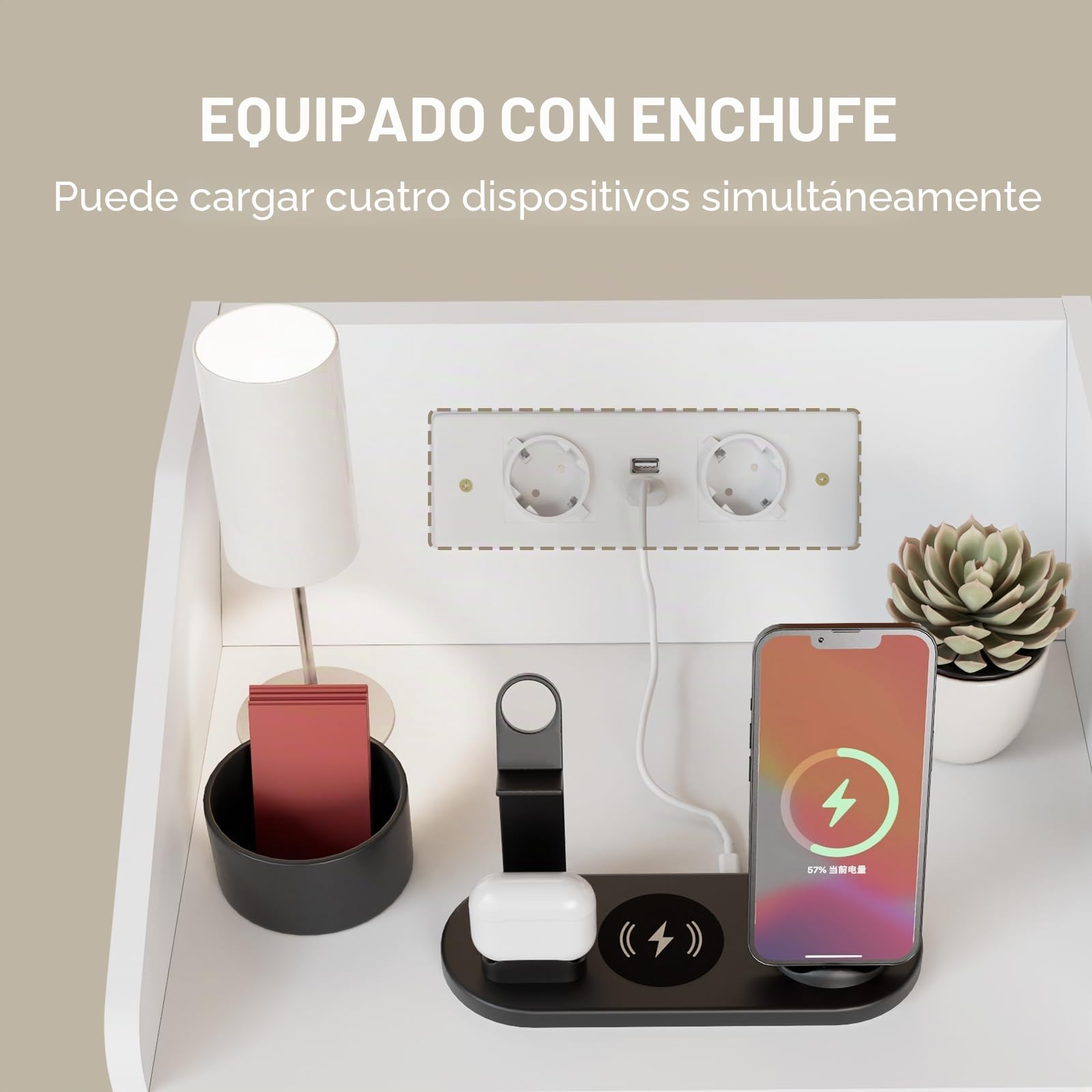 DATO Mesita de noche con iluminación LED y estación de carga (2 enchufes CA, 2 puertos USB), mesilla de noche con cajones, mesa auxiliar moderna, mesa de sofá para salón dormitorio (NS19)