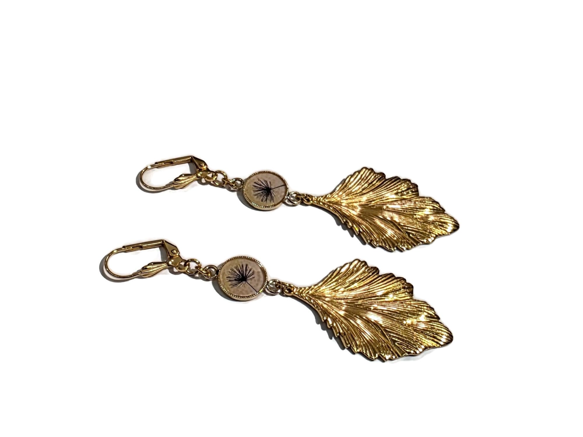 Orecchini a foglia in resina, ottone placcato oro, acciaio inossidabile, color beige e nero (dente di leone)