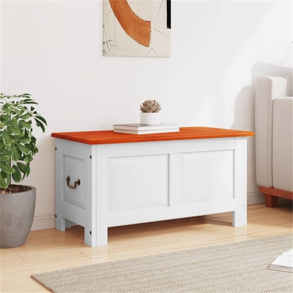 BOWERY HILL Solid Acacia Wood & Engineered Wood Storage Chest, Brown & White Matte Finish, 17.7 x 35.4 x 18.5 in, Rectangular Design, Retro Style, Living Room Blanket Box, Clothes Organizer Chest