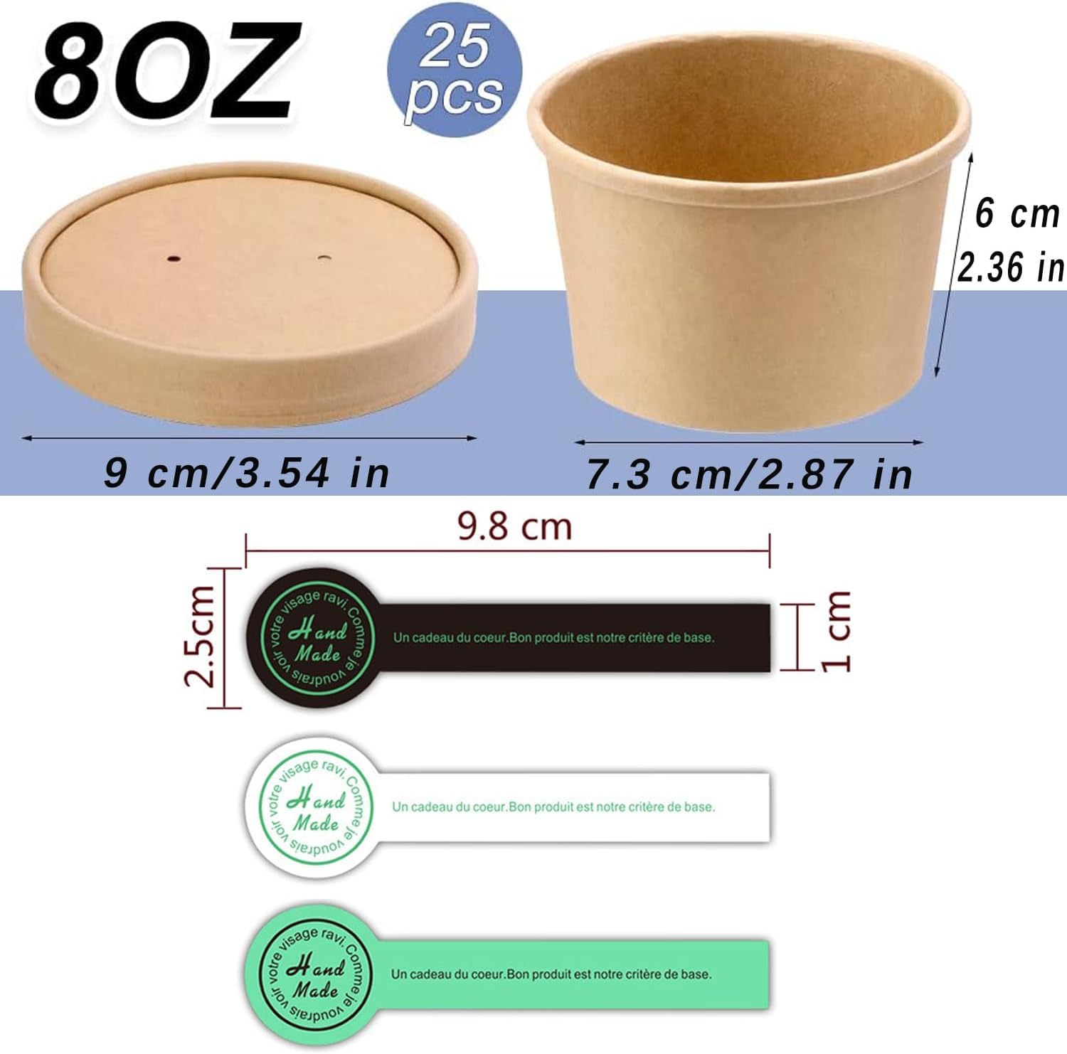 [25 juegos – 8 onzas] Recipientes de papel kraft para sopa de alimentos con tapas ventiladas, cuencos desechables para microondas, tazas de helado, ideales para restaurantes – 30 etiquetas