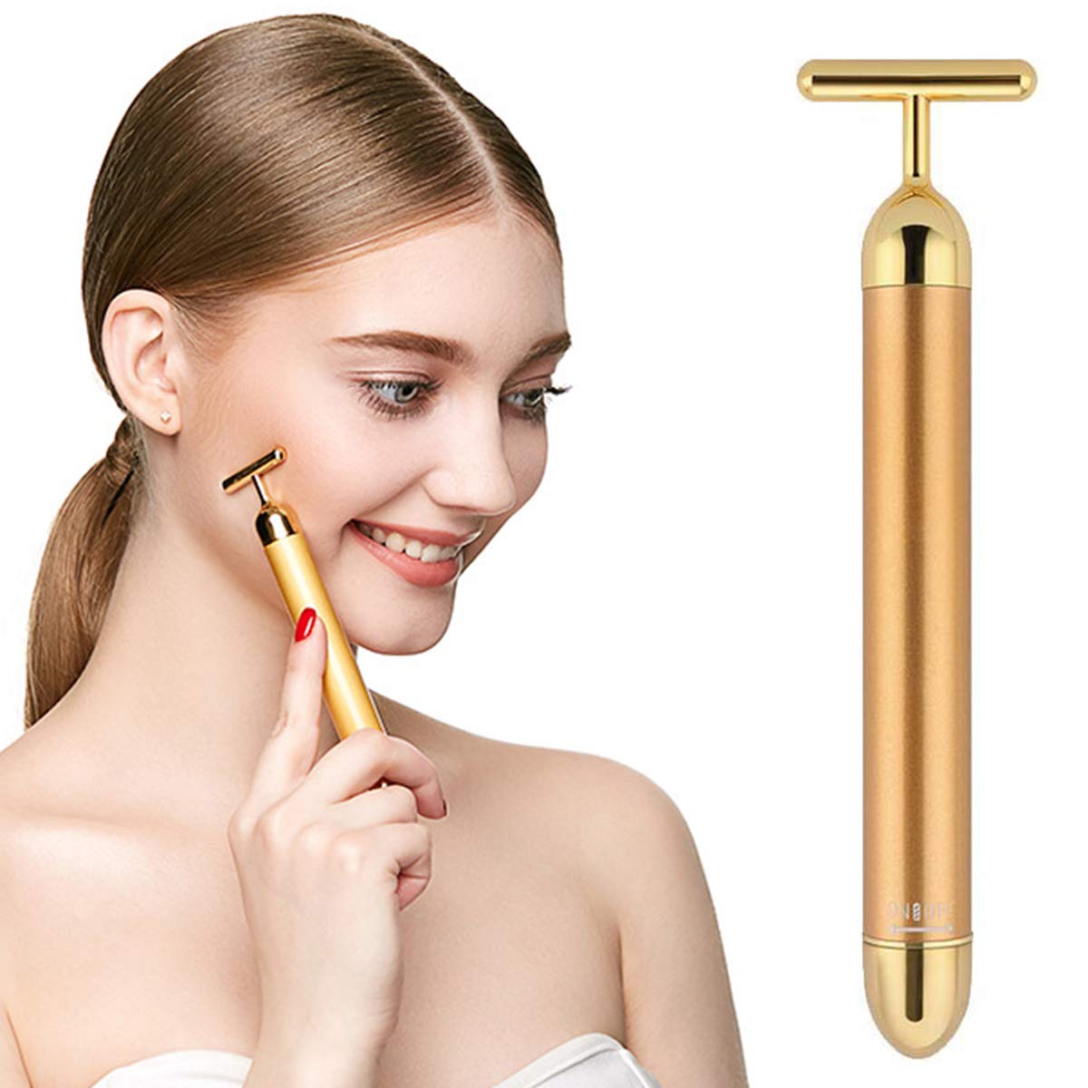 Massaggiatore facciale di impulso d'oro di bellezza 24 K, strumenti di massaggio del viso di segno elettrico di forma a T per la pelle sensibile tirare l'ascensore rassodante.