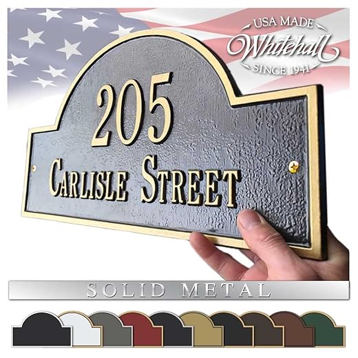 Whitehall™ Personalized Cast Metal Address Plaque with Arch Top. Made in the USA. BEWARE OF IMPORT IMITATIONS. Display Your Address and Street Name. Custom House Number Sign. Wall Mounted Sign.