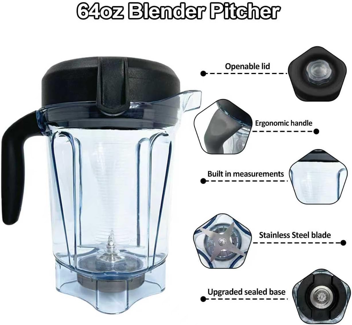 64oz Low-Profile Blender Pitcher, Compatible with Vitamix 750,5300,5200,5000,7500,6300,VM0102,VM0103,VM0197,E310,G/Classic C/Explorian/Commercial Series etc Blender Replacement Container