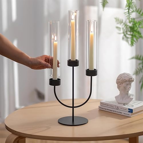 Miniatura 3 de Sziqiqi Candelabro negro Candelabro Candelabros de 3 brazos Decoración con cristal Huracán para centro de mesa de comedor - Candelabro de metal para