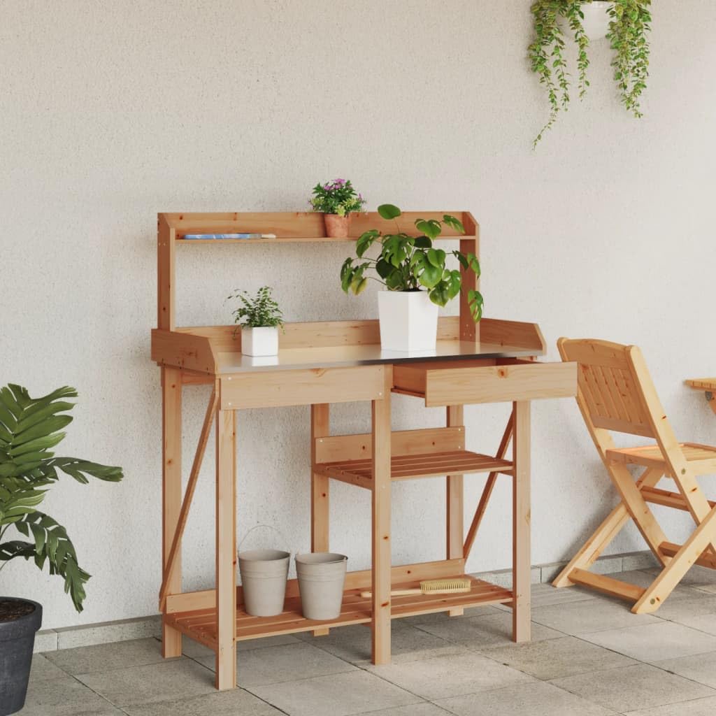 Rantry Mesa de jardín para plantas, mesa de jardín, mesa de jardinería, mesa para plantas de madera, mesa para plantas con estantes y cajones, mesa de trabajo de jardín, encimera galvanizada, color