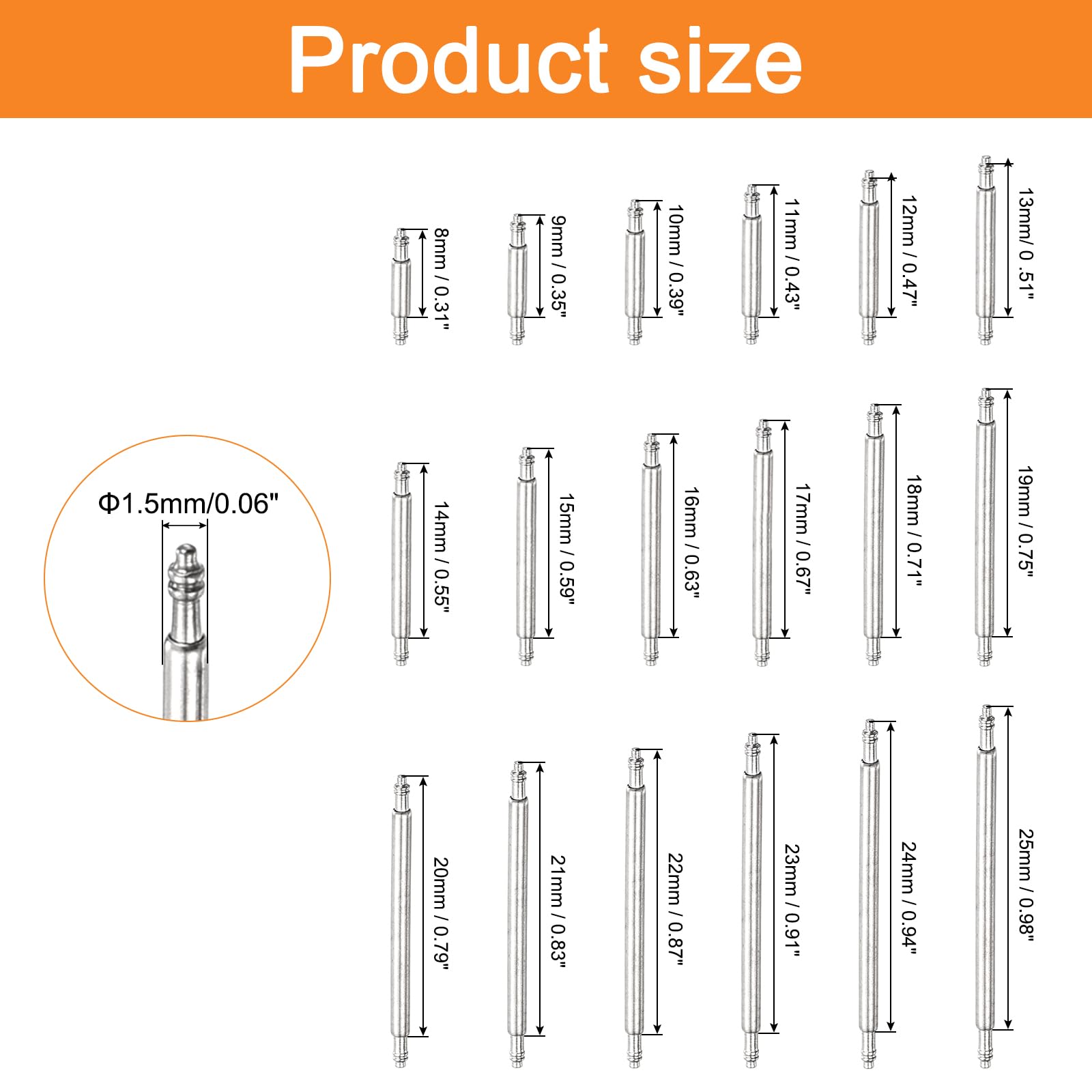 uxcell 360pcs 1.5 x 8 to 25mm Watch Spring Bar Pins Kit, Stainless Steel Watch Band Link Pins Spring Bars Repair Tool for Metal Chain Leather Strap Watch, Silver