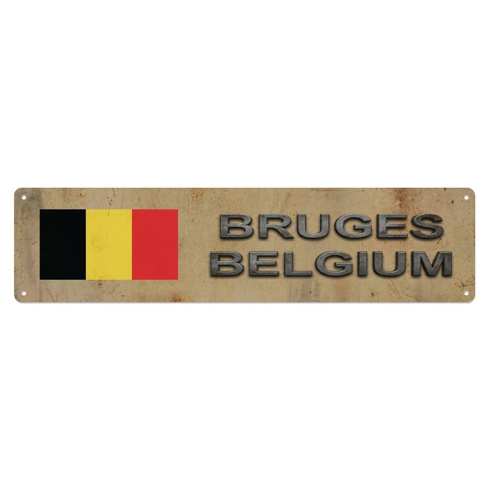 Okahys 4X16inch(10X40cm) Vintage Bruges Belgium Flag Decor Rustic Travel Metal Tin Sign