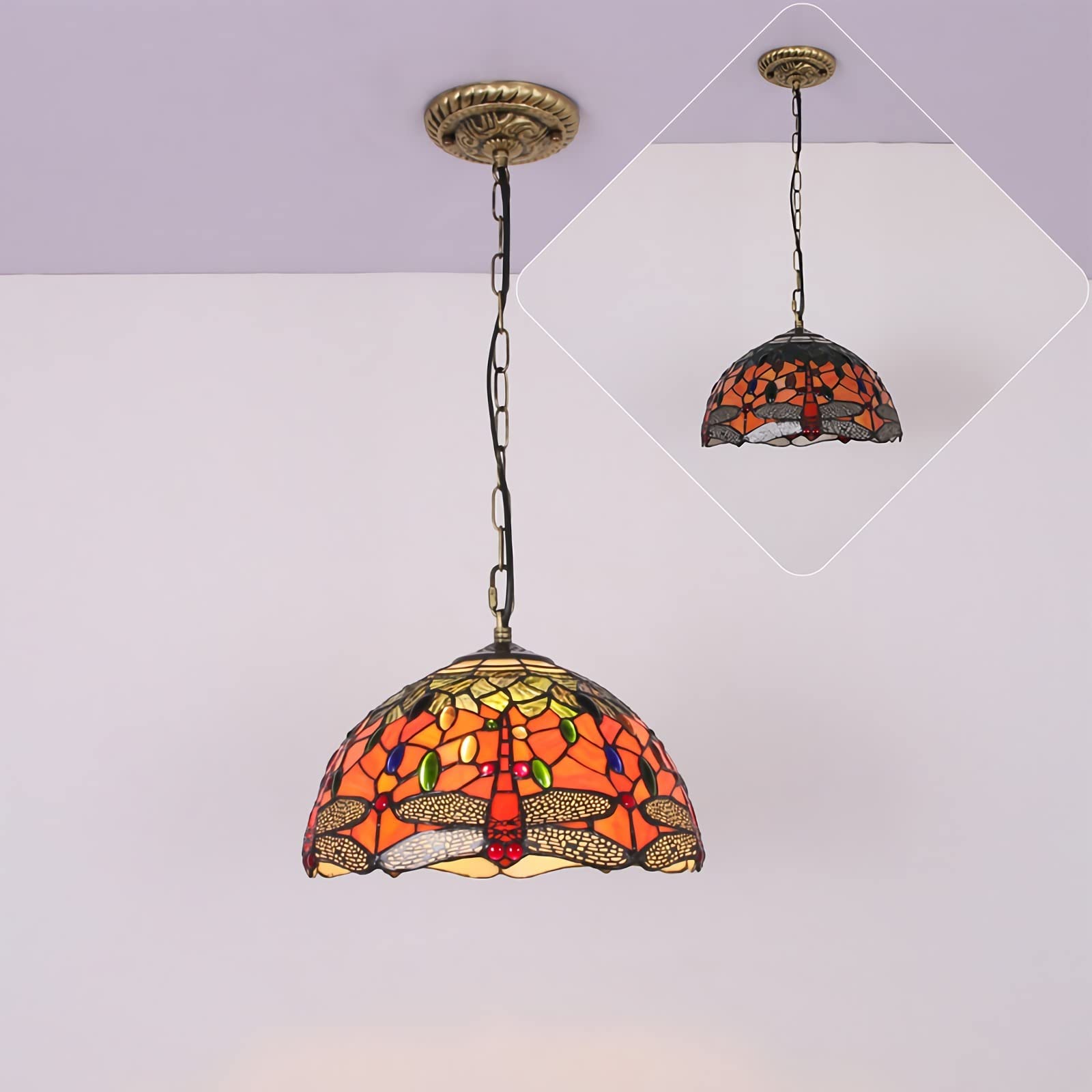 Plafonnier LED Tiffany libellules rouges suspension vitrail 12 pouces luminaire salle à manger