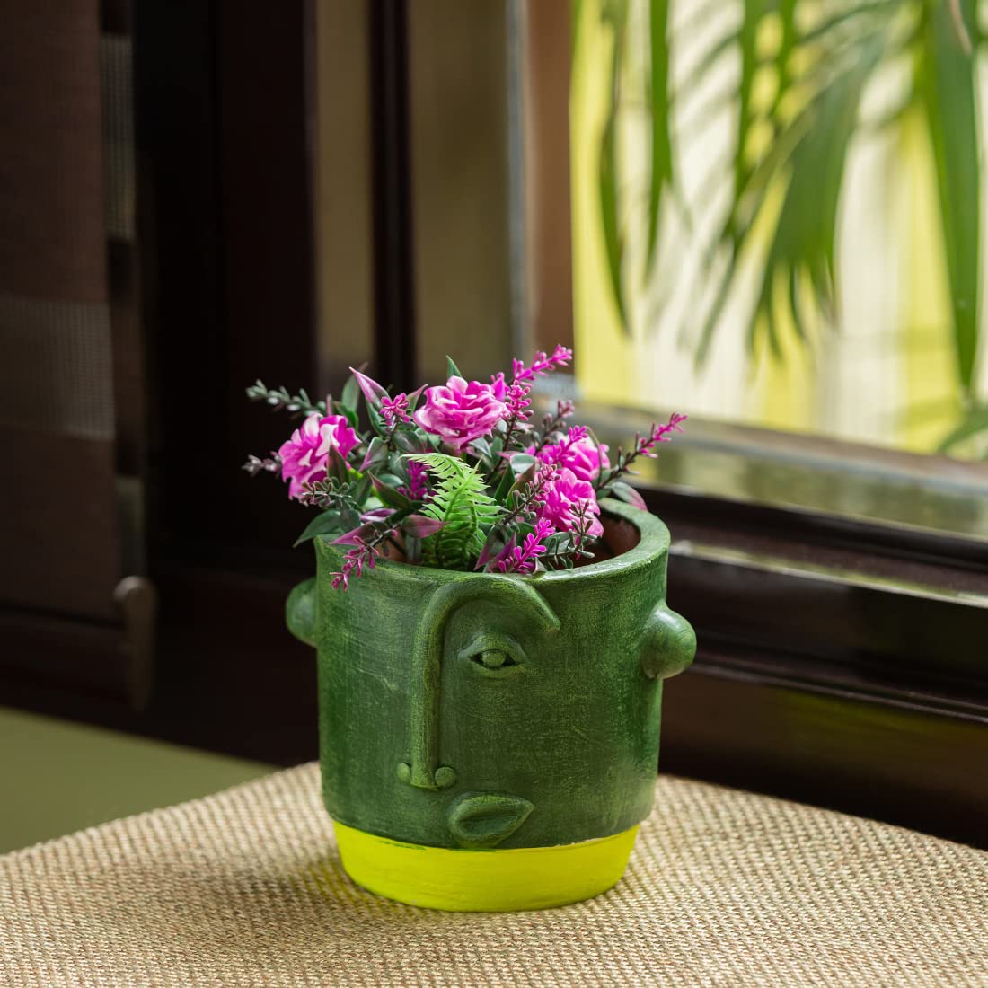 ExclusiveLane Abstract Face Handmade & Handpainted Terracotta Planters for Living Room & Garden Decoration Items Outdoor, Olive Green and Yellow, (L * W * H) = (5.5 * 5.2 * 4.6) Inches, (EL-021-176) (B09MQNPHRS) Amazon Price History, Amazon Price Tracker