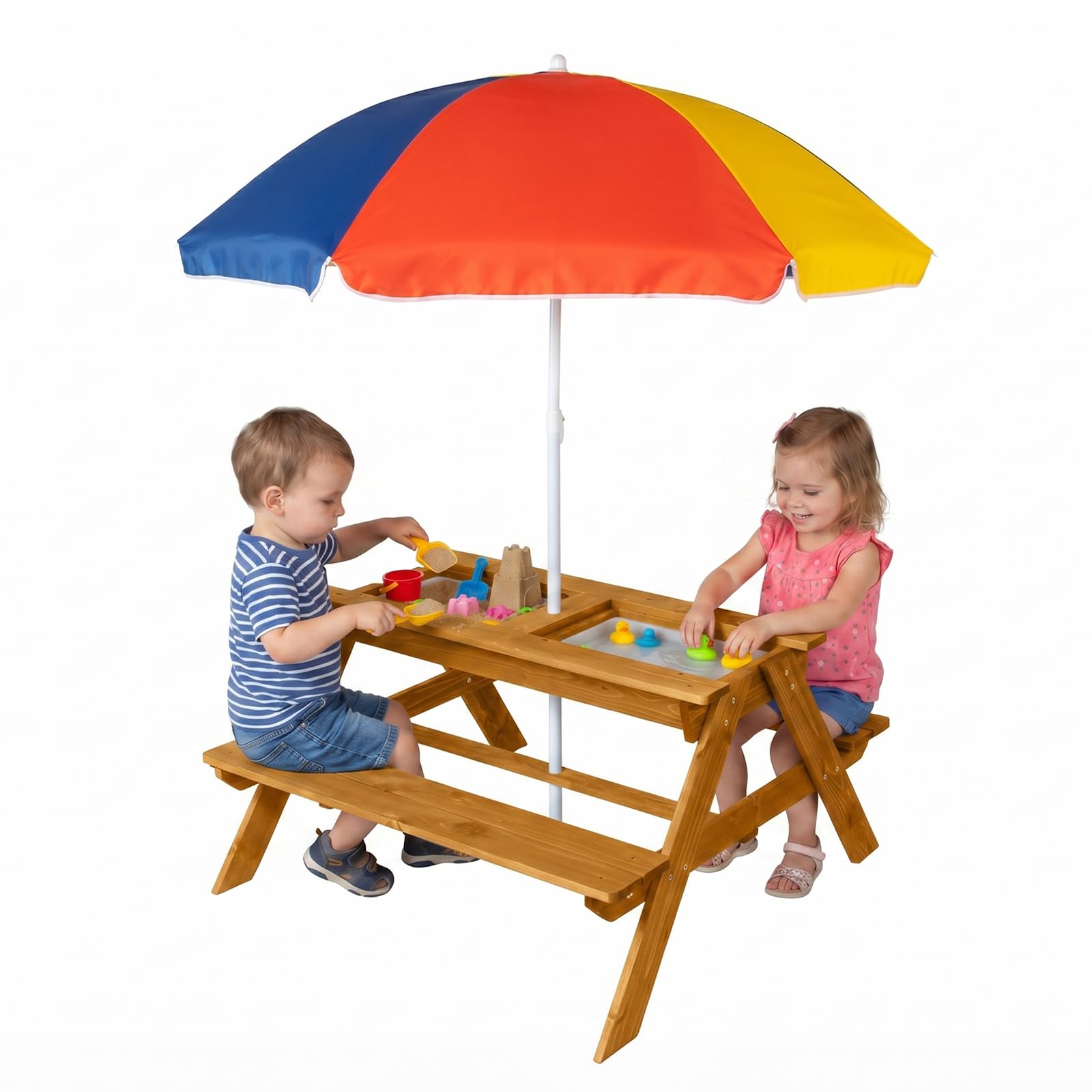 Bonnlo Kids Picnic Table with Umbrella, 4-in-1 Wooden Sand and Water Play Table & Bench Set, Outdoor Sensory Table for Toddlers with Storage Bins, Children Garden Furniture, Teak