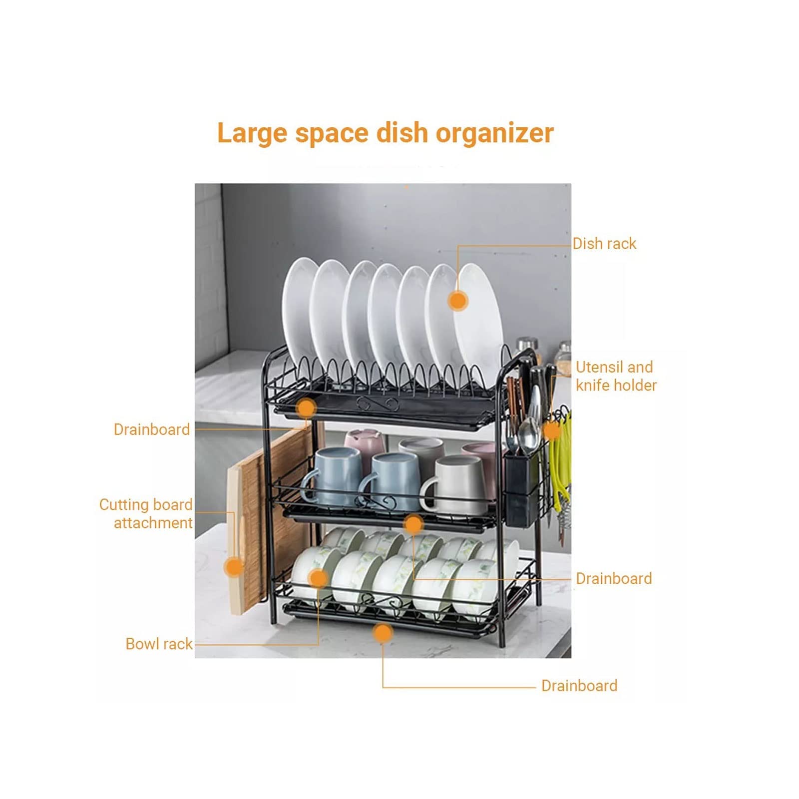 Escurreplatos de 3 niveles, resistente a la corrosión, organizador de cocina de acero al carbono con escurridor y ganchos, ahorra espacio y permite un secado eficiente, ideal para cocinas do
