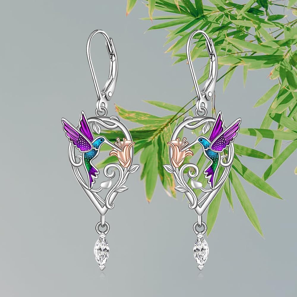 Hummingbird Earrings Purple Hummingbird Earrings for Women Sterling Silver Flower Teardrop Zircon Dangle Bird Jewelry Memorial Mothers Day Christmas Healing Gifts