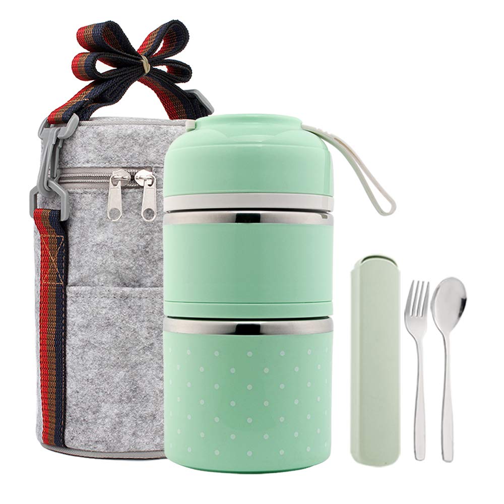Worthbuy Bento Lunch Box Leakproof Stainless Steel Stackable Lunch Box with Bag and Reusable Cutlery Set Thermal Food Storage Container for Healthy On-The-Go Meal and Snack Packing (2-Tier, Green)