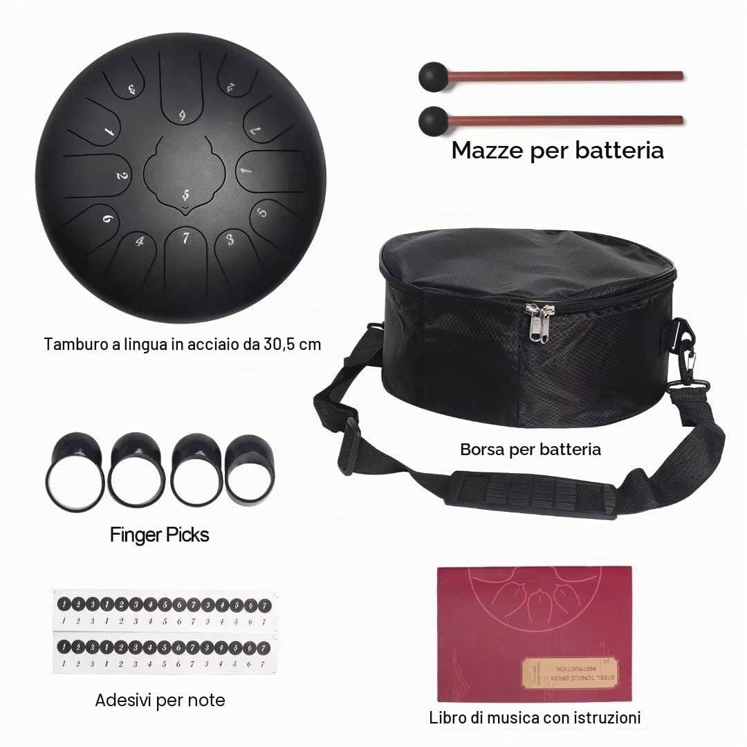 Steel Tongue Drum, Handpan, Tamburo a Lingua in Acciaio, 12 Pollici 13 Note Tamburo Strumento a Percussione con Bacchette per Tamburi, Carry Bag, Libro di Musica, per l'Educazione Musicale