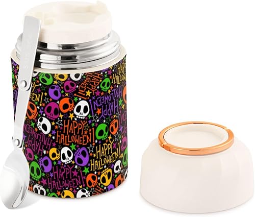 Festive Halloween Skulls Food Jar with Spoon Stainless Steel Vacuum Insulated Food Container 17 oz Thermos for Lunch