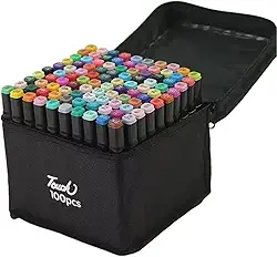 Kit de 100 Canetas Marcador Permanente Ponta Dupla Touch Coloridas para Desenho Profissional Escolar Infantil com Estojo Organizador Base Artista Canetinhas Hidrográficas Alcool Caneta para Colorir