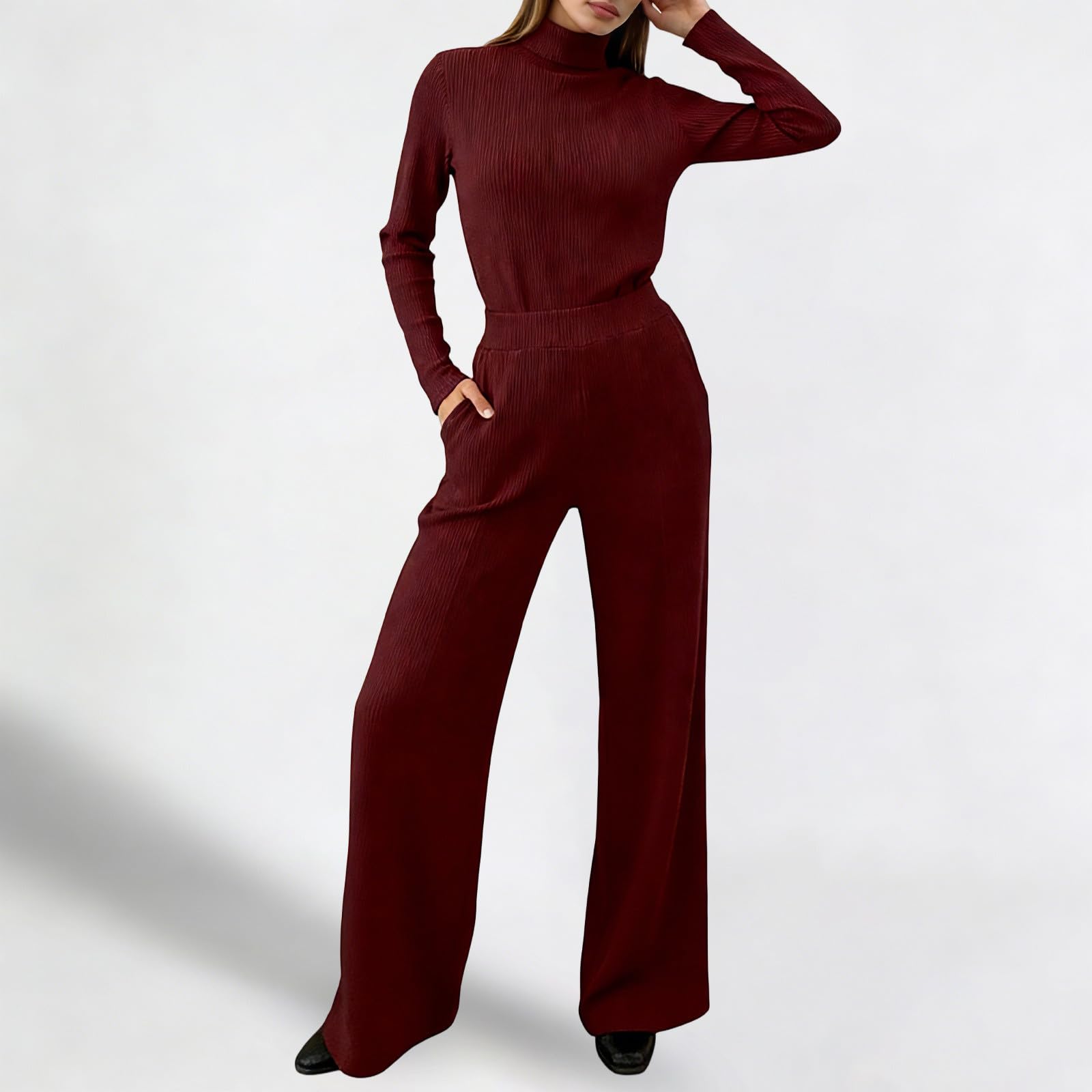 elegante e raffinato da donna autunno/inverno: maglione lavorato a maglia con collo alto + pantaloni a gamba larga