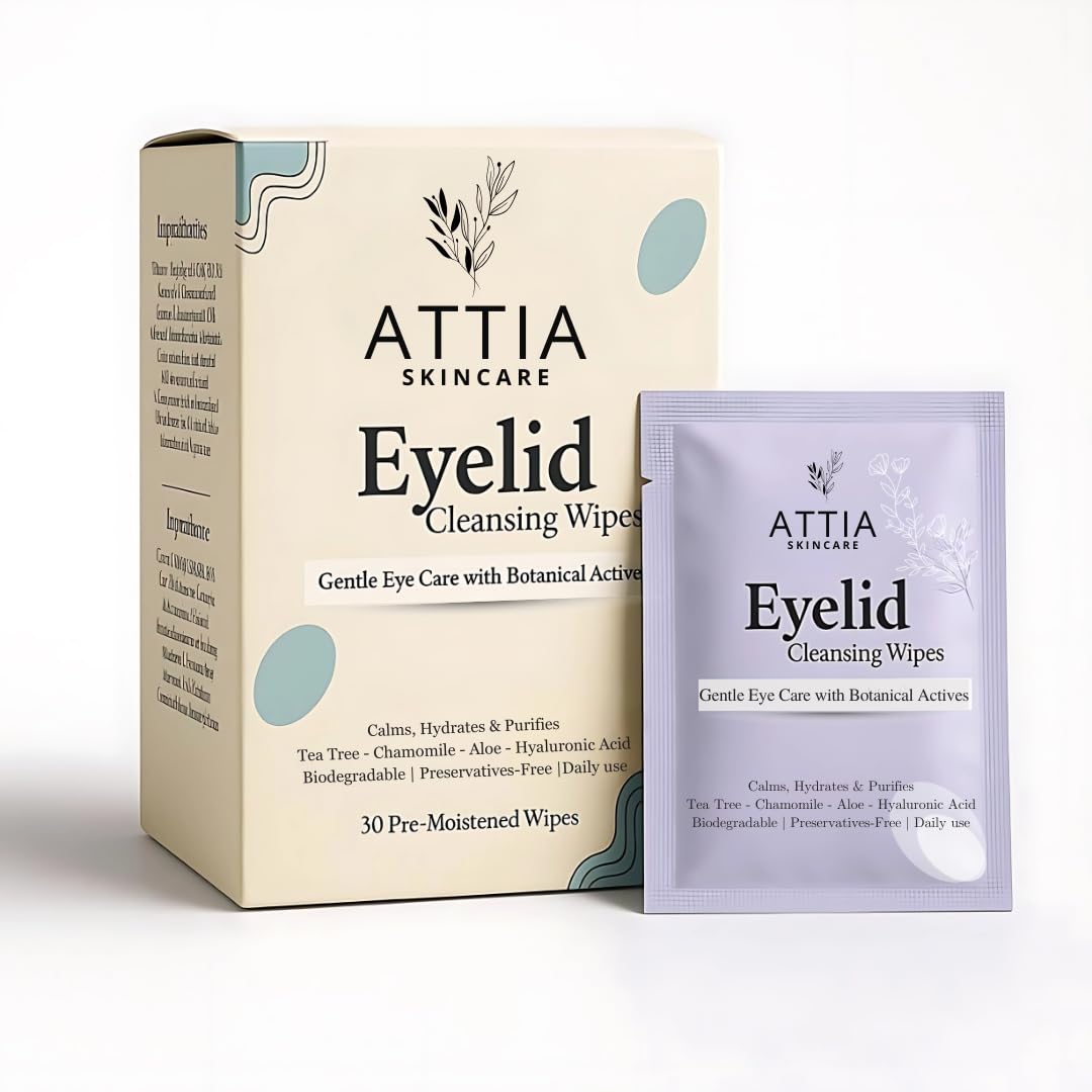 ATTIA Eyelid Cleansing Wipes – 30 Sterile Individually Wrapped Pads | Hypoallergenic, Preservative‑Free Makeup Remover with Tea Tree, Aloe & Chamomile – Soothes Dry, Itchy & Sensitive Eyes