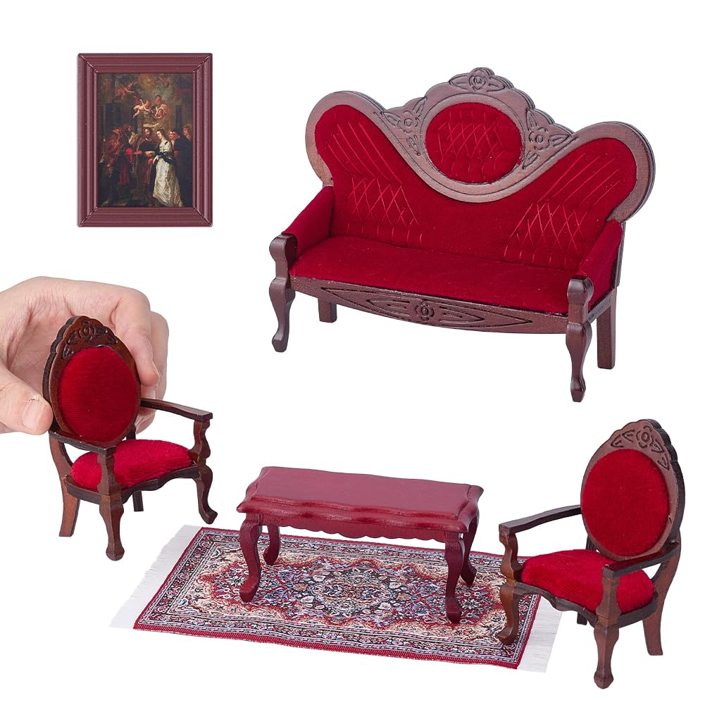 GOMAKERER 6 Pcs Victorian Dollhouse Furniture Set, 1:12 Scale Vintage Red Wooden Miniature Sofa and Chairs Coffee Table Rug & Wall Frame, Dollhouse Furniture Accessories for DIY Mini Home Decor