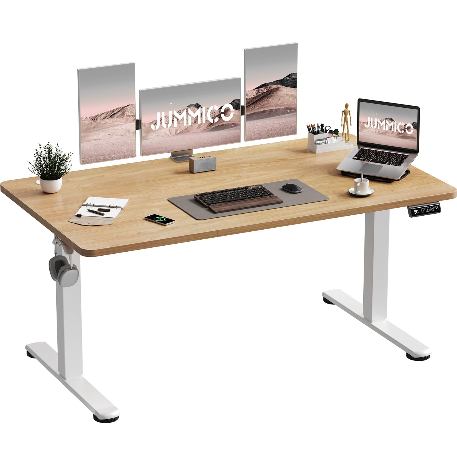 JUMMICO Electric Standing Desk 140 x 60 cm Home Office Height Adjustable Desk, Computer Lift Table with Smart Panel, Sit Stand Desk with Height Memory, Beige