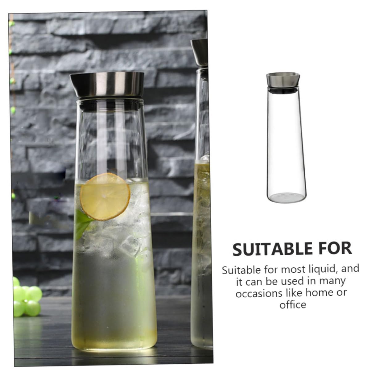 DOITOOL Jarra de Agua Fría de Vidrio de Borosilicato 1L Tapa de Acero Inoxidable Diseño Recto Antidesbordamiento Recipiente Transparente para Jugo Adecuado para Uso Doméstico y Oficina