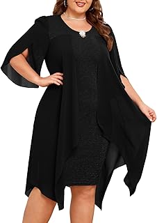 Plus Size Chiffon Dress 3/4 Sleeve Flowy Cocktail Party Midi Dresses - Buy now