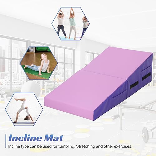 Miniatura 10 de Tapete de gimnasia para niños y adultos, 48 x 24 x 14 pulgadas, tapete plegable para gimnasio en casa, tapete de cuña de gimnasia inclinada con