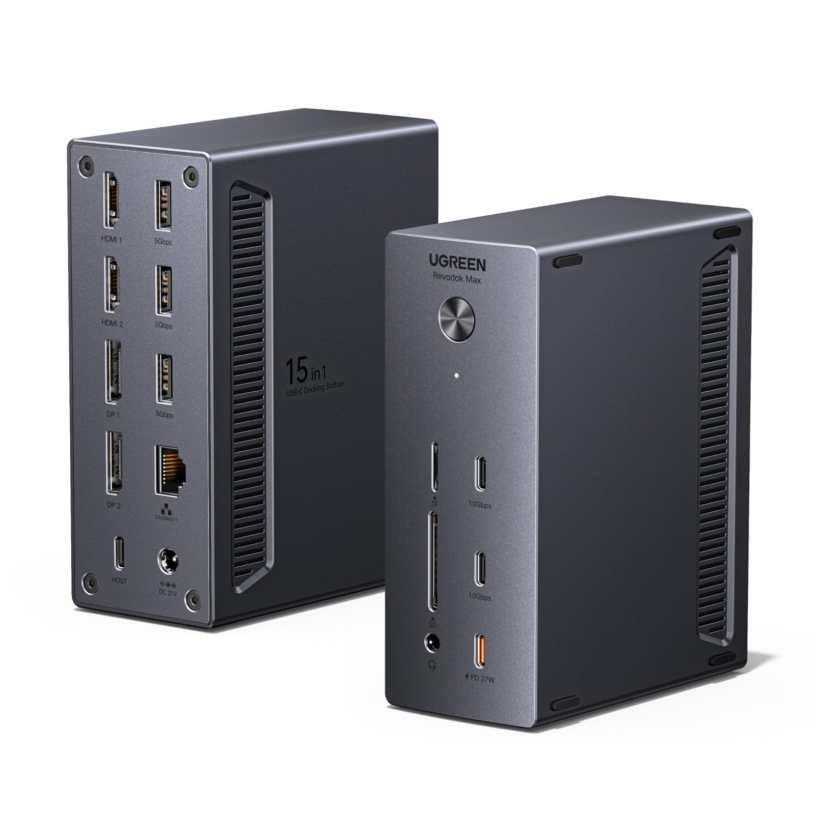 UGREEN DisplayLink 15 in 1 Docking Station USB C Quadruplo Display per Mac | 2 DP, 2 HDMI, Unico 8K, Quattro Schermi 4K, 10Gbps, RJ45 2,5GbE, Ricarica PD 100W, SD TF, Audio 3.5mm, CC 150W