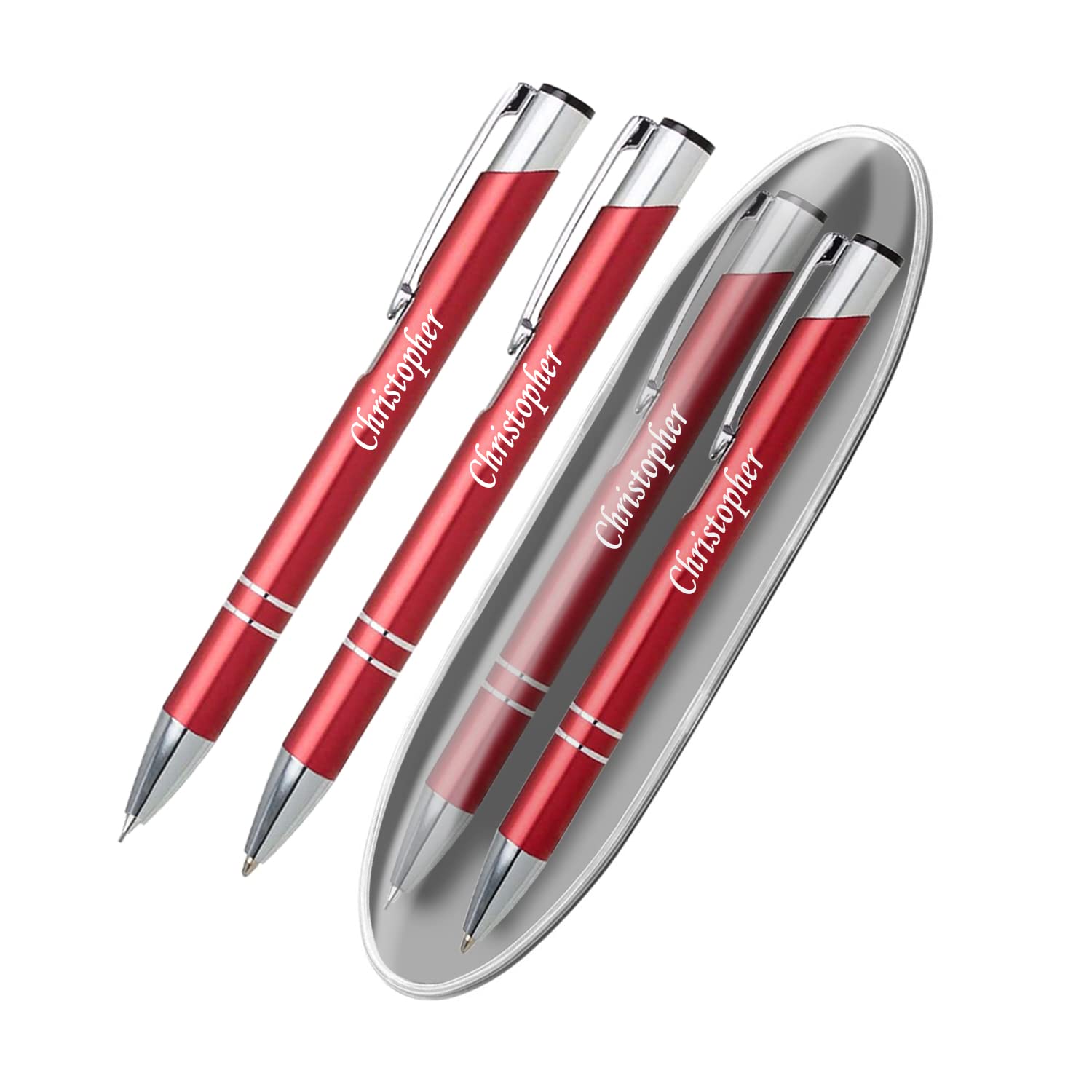 Paul Clover Personalised Laser Engraved Custom Metal Premium Pen & Pencil Set In A Gift Box, Unique Present, Gifts for Christmas, Gifts For Men and Women - Enter Your Custom Engraving (Red)