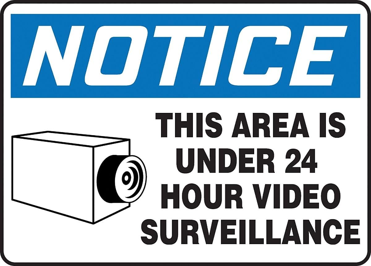 Accuform MASE807VA aluminio señal de seguridad, leyenda "aviso esta zona es bajo 24 HORAS VIDEO Vigilancia con gráfico, 10" x 14 "x, azul/negro sobre blanco